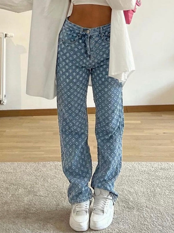 Blauwe vintage all-over gerafeld design boyfriend jeans met hoge taille