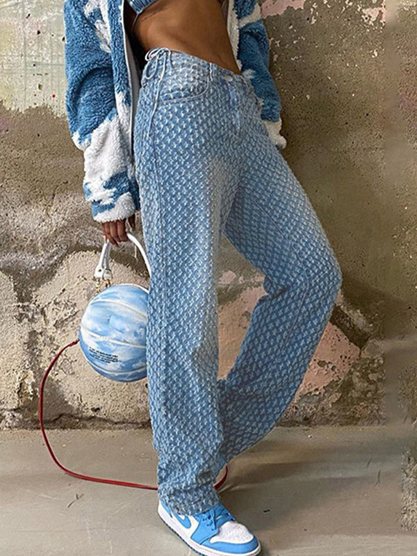 Blauwe vintage all-over gerafeld design boyfriend jeans met hoge taille