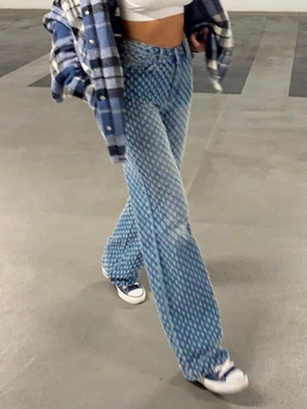 Blauwe vintage all-over gerafeld design boyfriend jeans met hoge taille