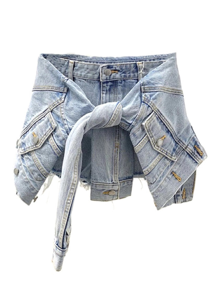 FashionSierra - Slim Blue Patchwork Made Old Washed Fake Two-piece Denim High Waist Shorts
