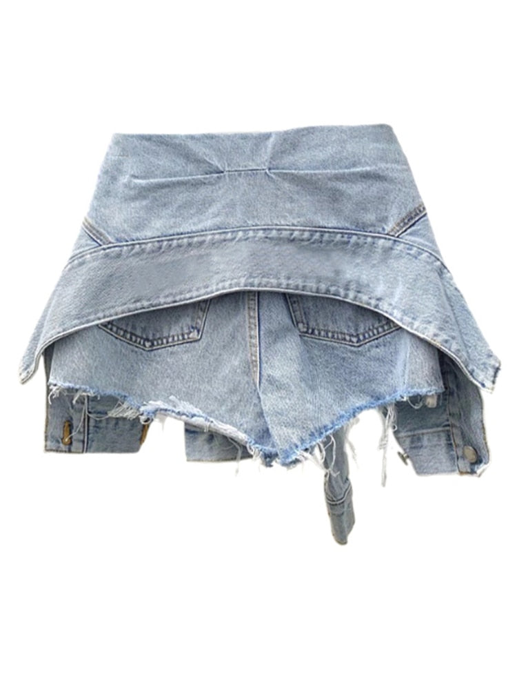 FashionSierra - Slim Blue Patchwork Made Old Washed Fake Two-piece Denim High Waist Shorts