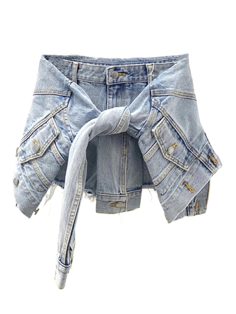 FashionSierra - Slim Blue Patchwork Made Old Washed Fake Two-piece Denim High Waist Shorts