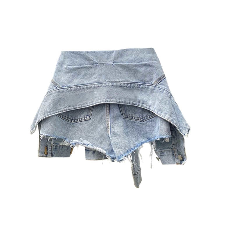 FashionSierra - Slim Blue Patchwork Made Old Washed Fake Two-piece Denim High Waist Shorts