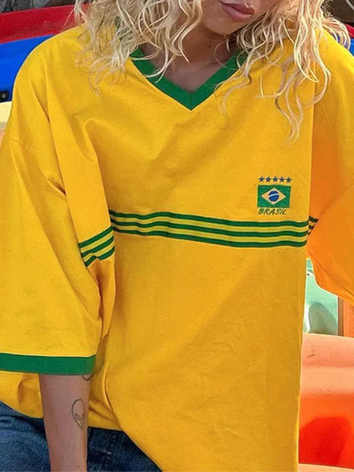 Geel vintage oversized T-shirt met korte mouwen en borduurwerk