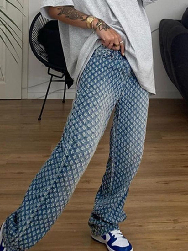Blauwe vintage all-over gerafeld design boyfriend jeans met hoge taille