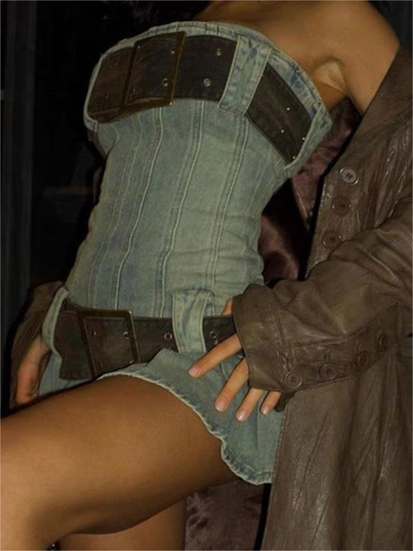 Strapless denim mini-jurk met riem