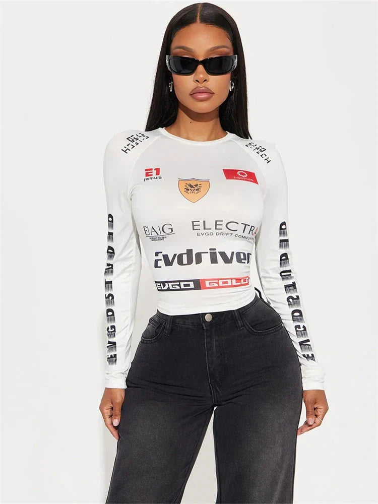 Winter Motor Style Letter Print Cyber Slim Knit Top