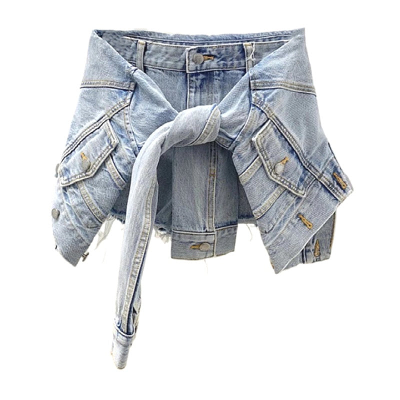 FashionSierra - Slim Blue Patchwork Made Old Washed Fake Two-piece Denim High Waist Shorts