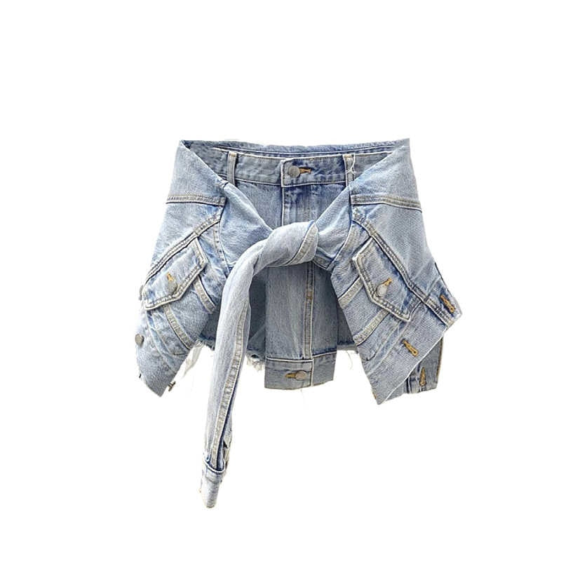 FashionSierra - Slim Blue Patchwork Made Old Washed Fake Two-piece Denim High Waist Shorts