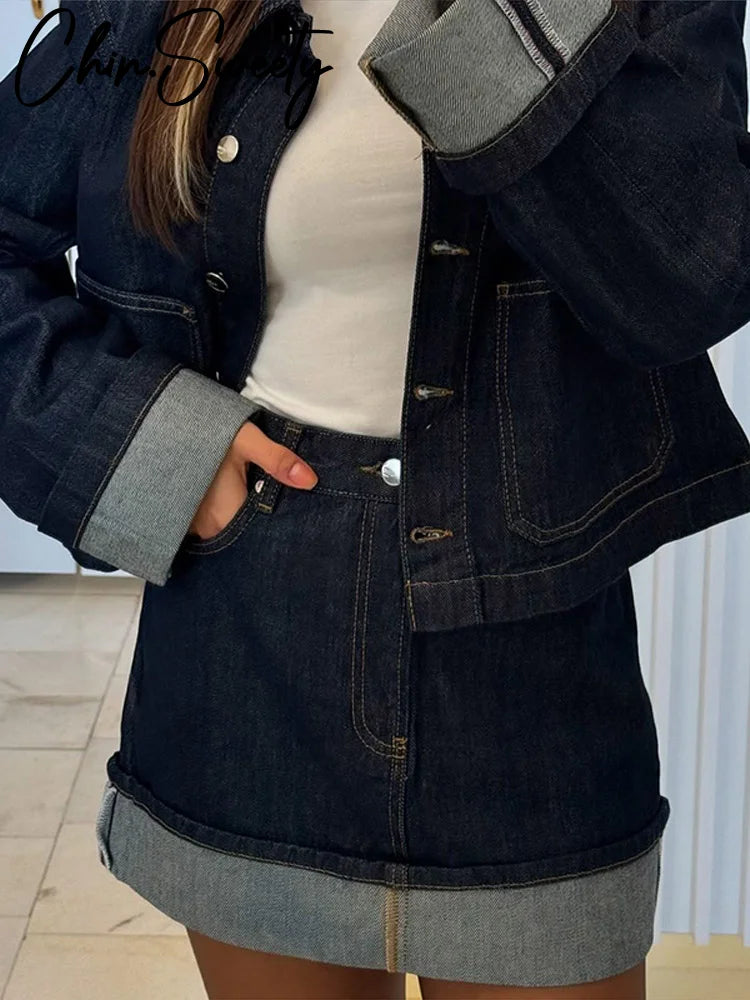 Denim Skirt Women Set Casual Long Sleeve Lapel Pocket Button Jacket Pleated Min Skirts 2025 Spring Summer Lady Suit