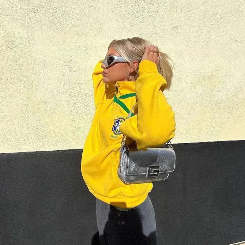 Y2k Vintage American Fashion Brazil Embroidery Zip Up Hoodies Women's Casual Loose Winter Warm Sweatshirt Harajuku Grunge Jacket