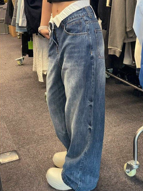 Boyfriend-jeans met verwassen effect en opvouwbare taille