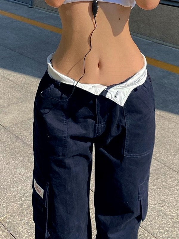 Y2K-broek met opvouwbare taille en rechte pijpen