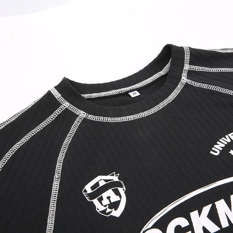 Stitch long sleeve "ROCKMORE" pattern crewneck contrast top